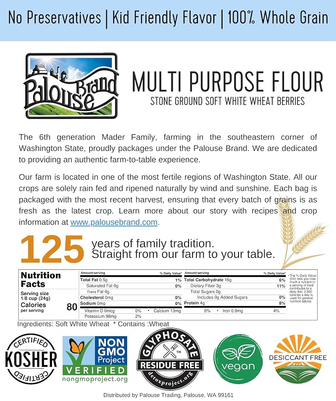 Paloue Brand Certified Glyphosate Residue Free Whole Grain All Purpose Flour | 3 LBS | Small Batch Stone Ground | Non-GMO | 100% Non-Irradiated | Kosher