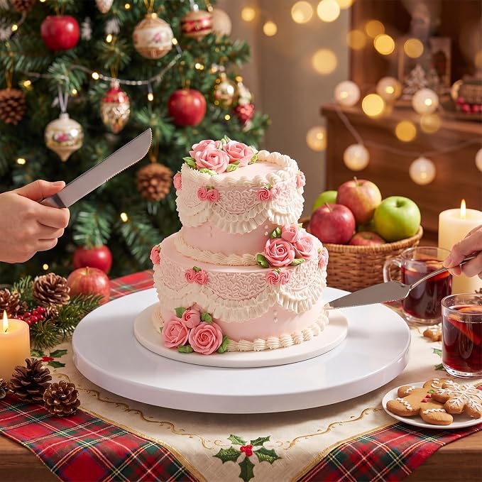 Wenqik 16 Inch Metal Cake Stand with Cake Knife and Spatula, Round Dessert Table Display Stand Metal Dessert Tray Serving Platter for Party, Wedding, Birthday, Baby Shower, Anniversary(White)