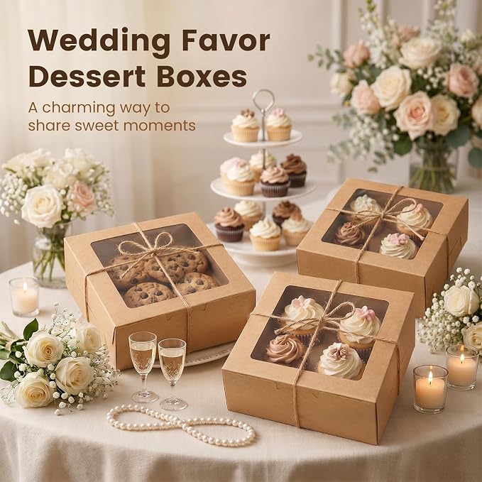 OAMCEG 50 PCS Cupcake Boxes with Window, 6x6x3 Inch Cookie Boxes, Bakery Treat Boxes for Pastry, Dessert, Chocolate Strawberries, Cupcake Containers, Gift Giving with Stickers & Twine （Brown）