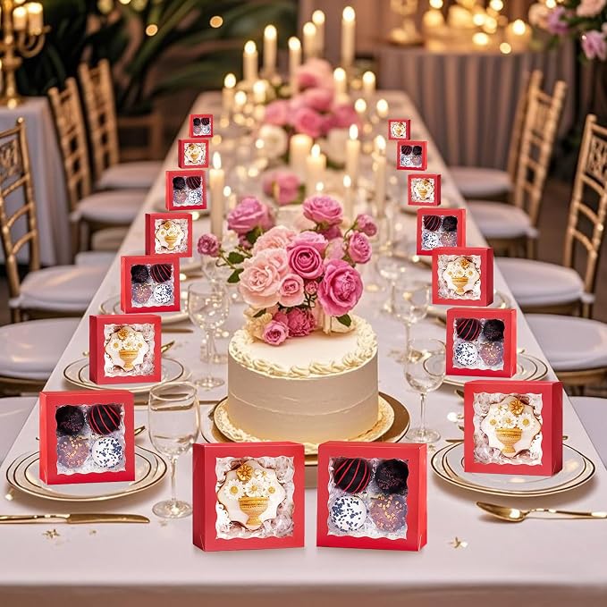 50-Count 4x4x2 Inches Food-Safe Classic Red Bakery Boxes - Multi-Use Pastry & Treat Packaging for Cookies, Truffles & Wedding Favors (Stackable Gift Boxes for Cakes, Pies & Cinnamon Rolls)
