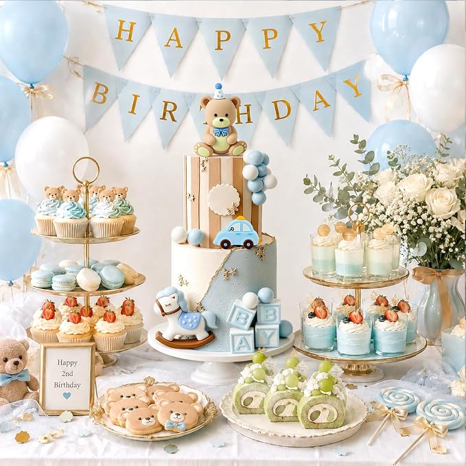 MEMOVAN Blue Bear Cake Topper 17Pcs Teddy Bear Cake Decorations We Can Bearly Wait Cake Topper with Blue White Balls Car Horse for Bears Themed Baby Shower Birthday Party Supplies