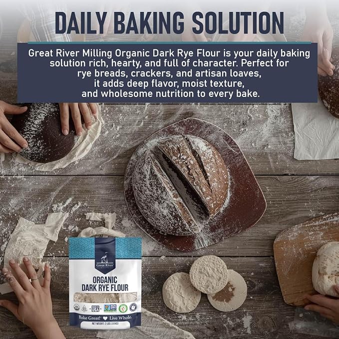 Great River Milling Organic Dark Rye Flour | Whole Grain, Non-GMO, Kosher, Unbromated | Earthy Flavor for Rye Bread, Sourdough Starter, Bagels, Crackers & Artisan Baking | 2 Lb