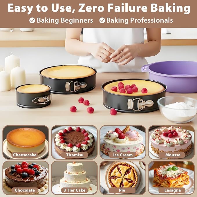Springform Pan Set of 3 Leakproof Spring Form Pan for Cheesecake, Nonstick 4 7 9 Inch Cheesecake Pan with Silicone Protector, Springform Cheese Cake Pans Sets for Baking with 50Pcs Parchment Paper