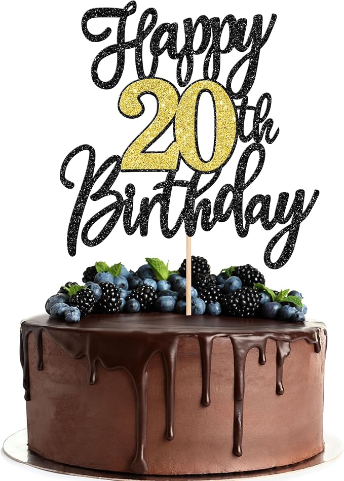 1 PCS Happy 20th Birthday Cake Topper Black Gold Glitter Cheers to 20 Years Birthday Cake Pick 20 Fabulous Cake Decoration for Happy 20th Birthday Anniversary Party Decorations Supplies