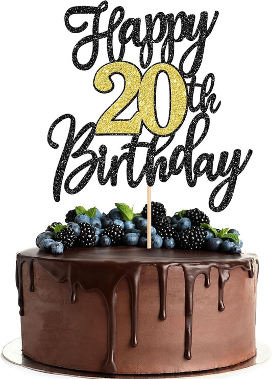 1 PCS Happy 20th Birthday Cake Topper Black Gold Glitter Cheers to 20 Years Birthday Cake Pick 20 Fabulous Cake Decoration for Happy 20th Birthday Anniversary Party Decorations Supplies