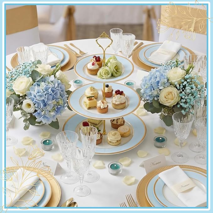 CHENGU 3 Tier Cupcake Stand Blue Ceramic with Gold Frame, 10" 9" 7" Dessert Tower for Baby Shower Birthday Wedding Tea Party, Tiered Cake Holder Display for Cupcakes Pastries Fruits