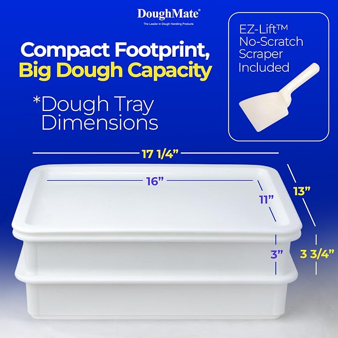 DoughMate® Artisan Kit – 2 Pizza Dough Proofing Trays, 1 Lid, and Dough Scraper – Food Contact Certified, Stackable, Made in USA