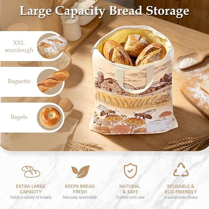 2 Pack Beeswax Bread Bags for Sourdough, 17x13 Inch Reusable Cotton Bread Storage Bags with Zipper and Handle Natural Beeswax Lining Freezer Friendly with 10 Food Labels Included (Farm Bees)