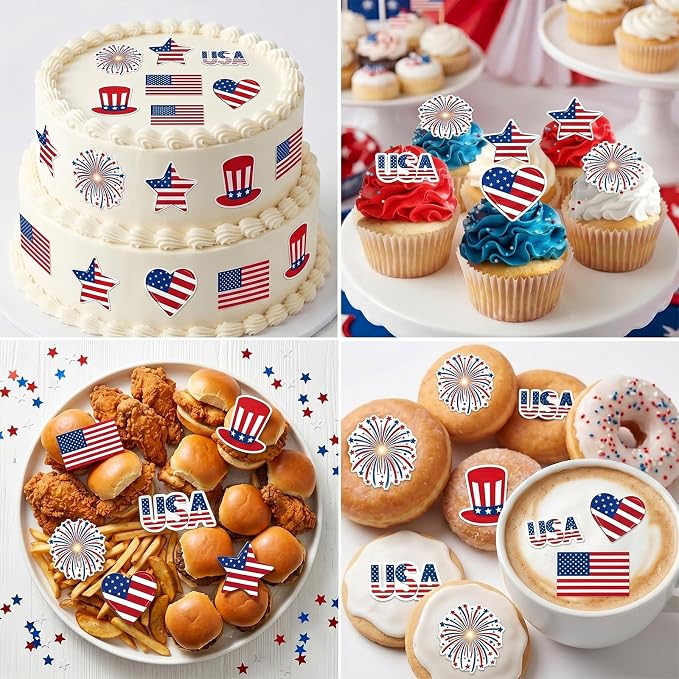 50PCS Edible American Flag Cake Decorations Patriotic Wafer Cupcakes Toppers for 4th of July, Independence Day Parties & Birthday Celebrations (50, American Flag & Star)
