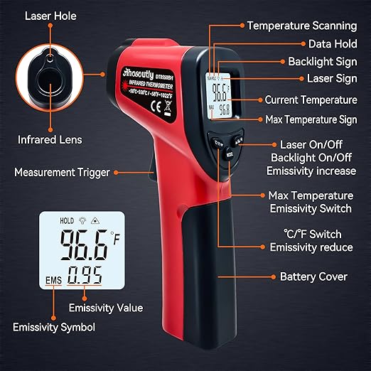 Infrared Thermometer Temperature Gun (NOT for Humans) -58℉~1022℉ (-50℃～550℃) 9-Point Laser Non-Contact Instant-Read Digital Laser Infrared Ir Thermometer with Backlight