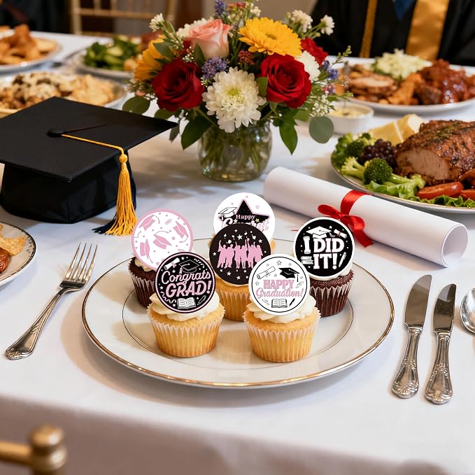 63 PCS Edible 2026 Graduation Cupcake Toppers Diploma Congrats Grad Cap Class of 2026 Cupcake Decorations Edible 2026 Graduation Decorations for 2026 Grad Party Cake Decorations Supplies Pink