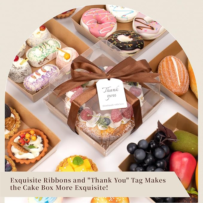 7 x 7 x 4 Inches Paper Cake Boxes with Clear Lids, 50 Pack Brown Charcuterie Boxes Large Square Food Containers, Disposable Bakery Boxes for Valentine's Day 4-6 Inch Bundt Cake, Pie, Dessert