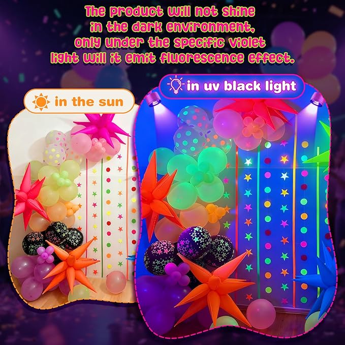 UV Neon Balloons, Glow in the Dark Party Supplies Neon Foil Explosion Star Balloon Kit Cone Balloons Glow in the Dark Birthday Decorations for Blacklight Party Decoration