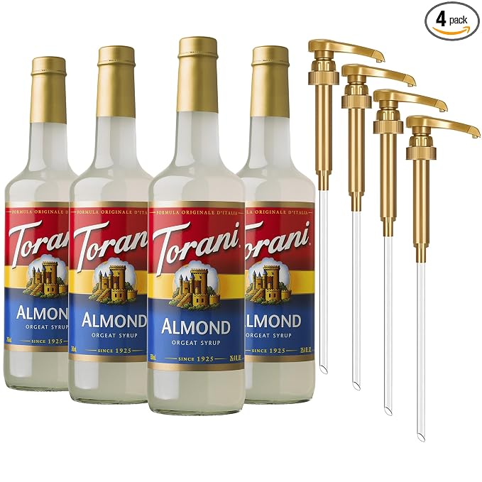 Torani Coffee Syrup, Almond Orgeat Flavored Syrup for Drinks, Glass Bottle 4-Pack, Pumps Included, 25.4 Oz Ea