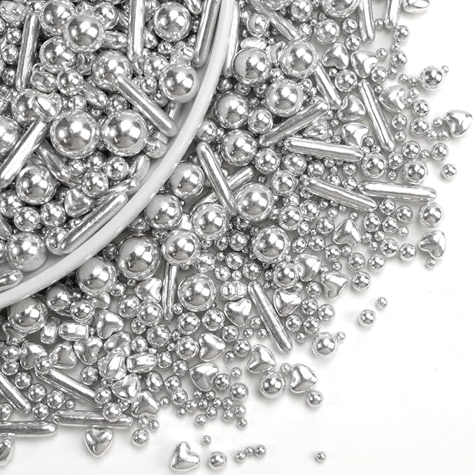 Edible Silver Heart Sprinkles, 130g/4.58oz, Silver Pearl Sprinkles For Cake Decorating, Edible Silver Cake Decorations, Birthday Party Supplies