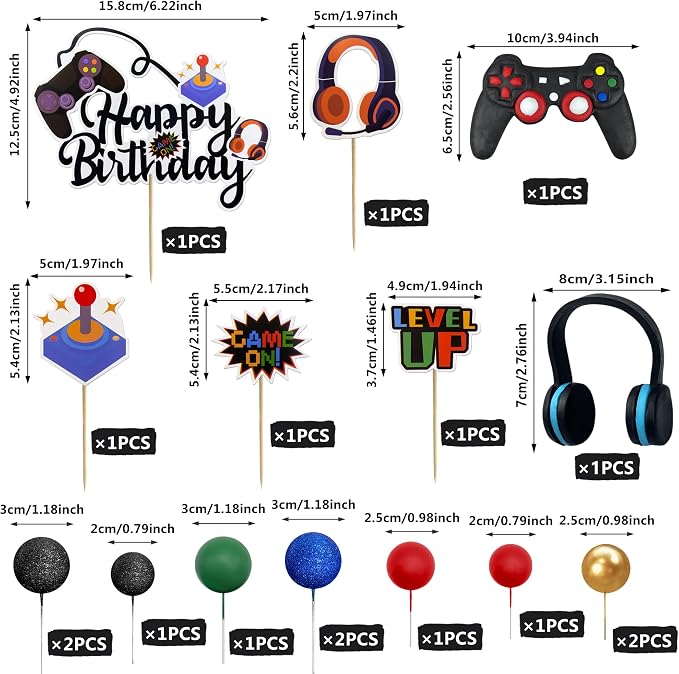 Video Game Cake Toppers Video Game Happy Birthday Controller Headset Cake Decoration Ball Cake Decoration for Game Theme Birthday Party Cake Decoration (Blue Colorful)