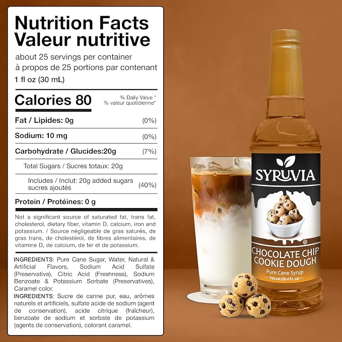 Syruvia Coffee Syrup, Chocolate Chip Cookie Dough Flavored Syrup for Drinks, Lattes, and Desserts – 25.4 fl oz - with Pump