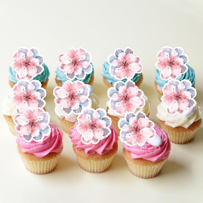60 PCS Edible Cherry Blossoms Cake Decorations Wafer Paper Cherry Blossoms Cupcake Toppers Edible Flowers Cake Toppers for Baby Shower Kids Birthday Party Cupcake Food Decorations Supplies Pink