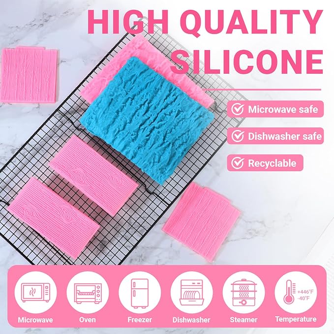 Beasea Silicone Molds for Cakes Decorating, 5pcs Woodgrain Silicone Lace Fondant Mold Fondant Texture Mat Sheet for Sugar Lace Mats Wood Texture Mat Embossed Craft Tools