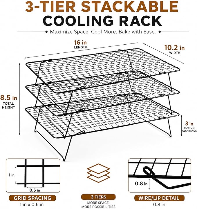 Cooling Rack, 3 Tier Stackable Cooling Racks for Cooking Baking Roasting, Multi-Level Collapsible Cookie Rack for Cakes, Oven Safe & Easy Clean (Black, 3-Tier)
