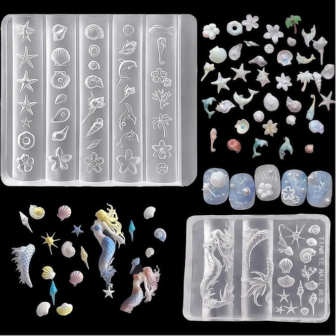 Ocean Nail Art Silicone Molds Mermaid Sea Shell Resin Charms 3D Cavity Flower Dolphin Jewelry Making DIY Manicure Tools