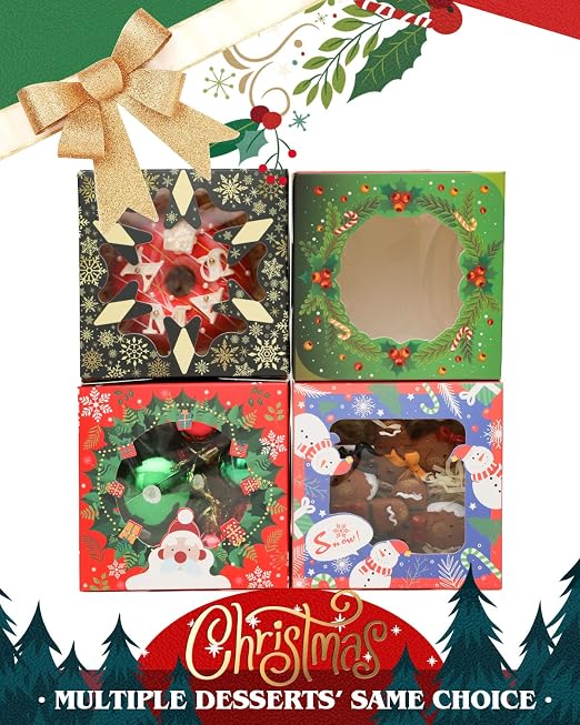 qiqee Christmas Bakery Boxes with Window 52pcs 4x4x2.5 Inch Mini Cookie Boxes Macaron Boxes Small Donut Pastry Boxes for Christmas