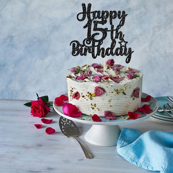 Gyufise 1Pc Happy 15th Birthday Cake Topper Glitter 15 & Fabulous Cheers to 15 Years Old Cake Pick for Celebrating 15th Birthday Anniversary Party Cake Decorations Supplies Black