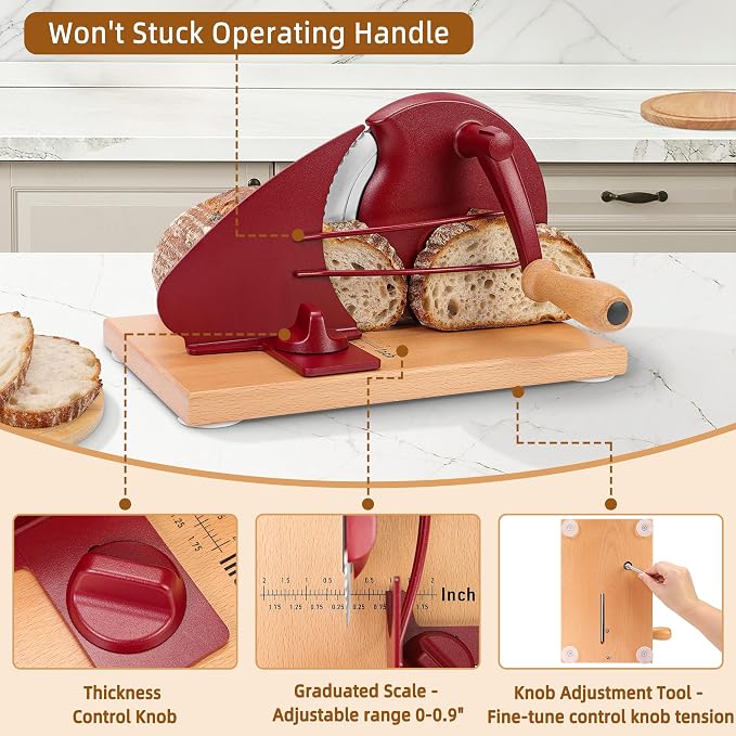 CAWIU Upgraded Manual Bread Slicer for Homemade Sourdough Bread - Adjustable Thickness Bread Cutter with Hand Crank, Suction Cups, Slicing Guide, Scale Line & Cover, for Perfect Even Slices (Red)