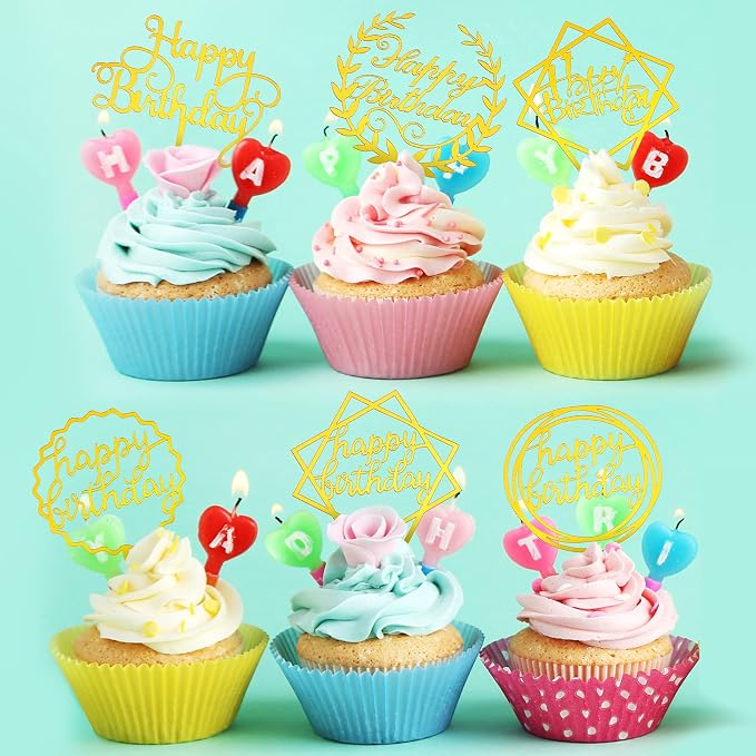 Macarrie 40 Pcs Gold Happy Birthday Cake Topper Acrylic Glittering Cupcake Topper Decorations for Birthday Event Party Supplies, 20 Different Shapes