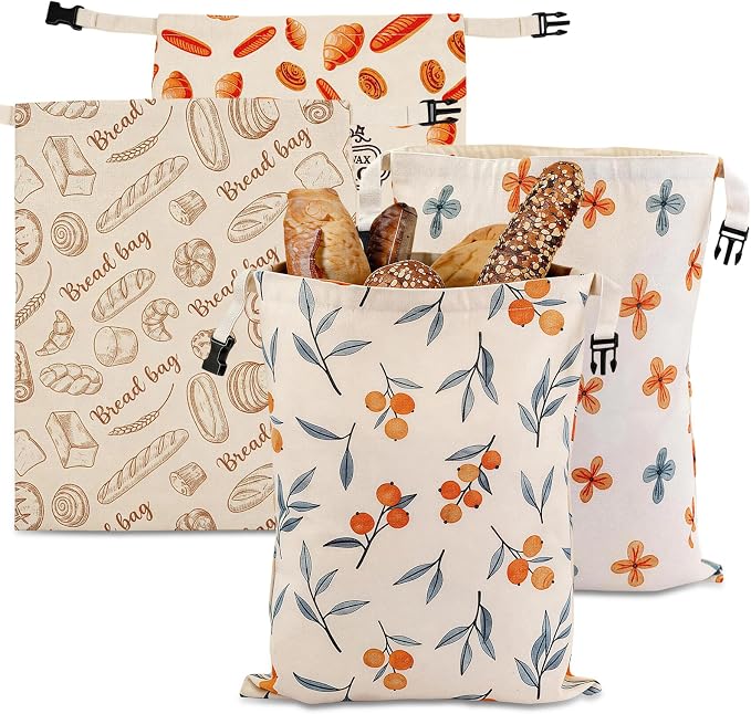 4 Pack Beeswax Bread Bags, Reusable Bread Bag for Homemade Sourdough Bread, 16.5 X 12.6 Inch Beeswax-Lined Linen Storage Bags With Zipper & 2pcs Beeswax Wraps for Food, Pastry, Baking Storage
