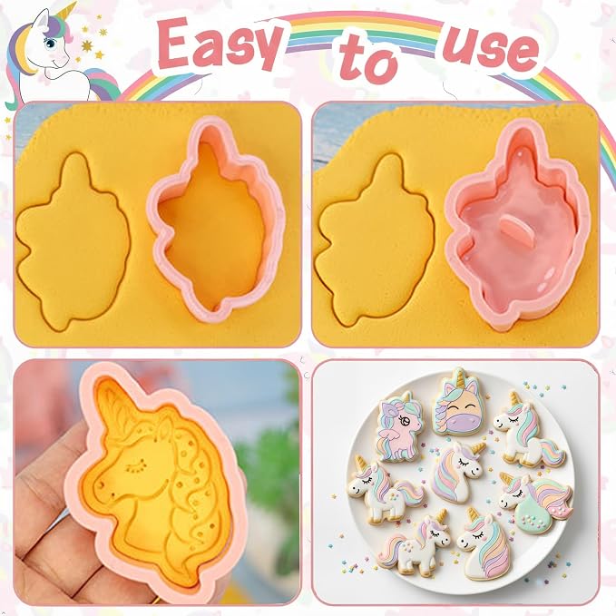 8 Pcs Unicorn Cookie Cutters with Plunger Stamps Set 3D Cute Animal Cracker Embossed Cookie Stamps for Baking Birthday Party Supply Chese Pie Biscuit Fondant Kitchen Bakeware Tool Christmas