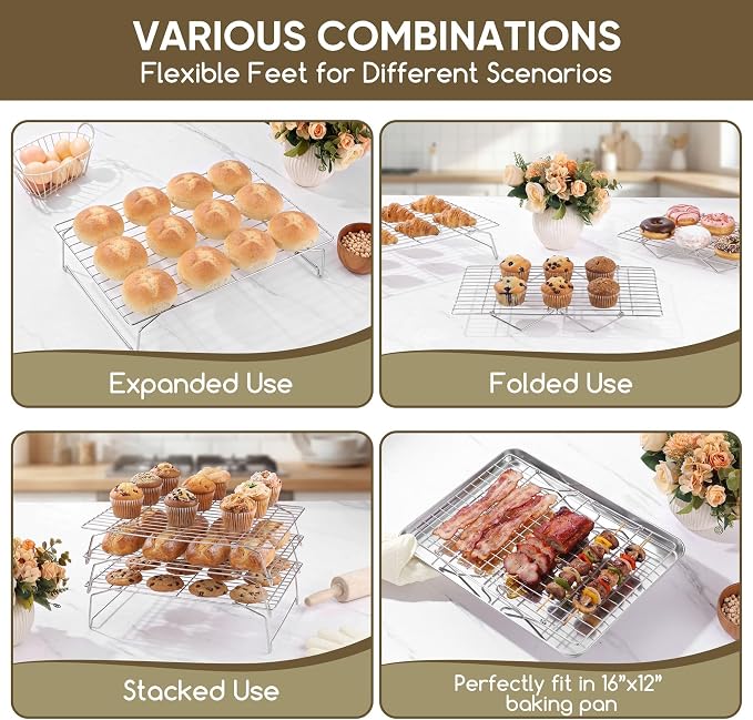 Herogo 15" x 10" Cooling Rack, 6-Tier Stainless Steel Baking Rack for Cookies, Cupcakes, and Pastries, Collapsible Space-Saving Design, Dishwasher Safe, Ideal for Baking, Roasting, and Drying