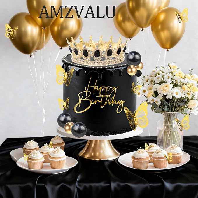 Crown Cake Topper, Black & Gold Crown Balls Happy Birthday Cake Toppers Birthday Candles Butterfly, Corona Para Pastel, Crown Cake Decorations for Women Queen Princess Men (Gold, Black)