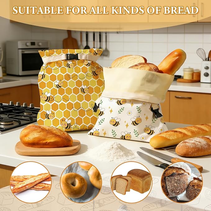 2 Pack Beeswax Bread Bags for Homemade Sourdough Bread, 17x13 Inch Reusable Linen Beeswax Bread Bag with Buckle to Keeps Bread Freshness for Food Storage(Cute Bee)