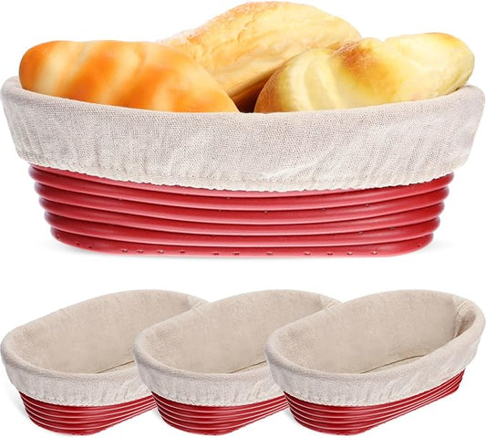 Hushee 3 Pack Bread Proofing Basket Set 10 Inch Oval Sourdough Proofing Basket with Cloth Liners Sourdough Bread Baking Supplies for Professional & Home Bakers with Plastic Dough Scraper