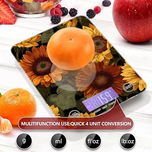 Food Scale Kitchen Digital Scale Food Ounces and Grams Dieting Baking Cooking Waterproof Glass Panels LCD Display,4 Units Scale Tare Function Sunflower