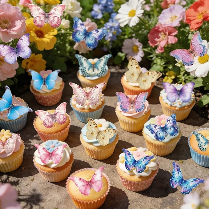 72PCS Edible Butterfly Cupcake Toppers Wafer Paper 3D Butterflies Cake Picks Mixed Color Cake Decorations for Spring Theme Baby Shower Wedding Kids Birthday Party Cake Decor Supplies