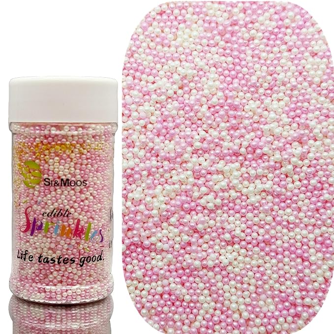 SE Si&Moos Nonpareil Sprinkles, 2mm Pink and White Mini Edible Pearls Baby Pink and White Sprinkles for Cake Decorating Halloween Cookie Decorations Wedding Baby Shower Party Christmas Holiday Supplies 3.5 OZ