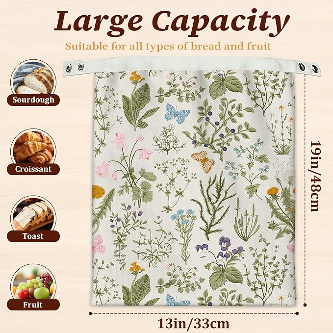 Beeswax Bread Bags, 2 Pack for Homemade Bread and Sourdough Storage | Herbs Wild Flowers Vintage Botanical, Reusable Polyester Bread Storage With Beeswax Coating And Snap Closures