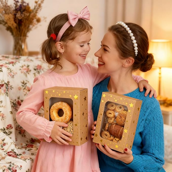 24 Pack Christmas Cookie Boxes,Gold Star Bakery Boxes with Window (9x6x3 Inch),Sturdy Pastry Boxes for Baked Goods,Treat Box for Holiday Gift Exchange, Cookie Tins with Lids for Gift Giving