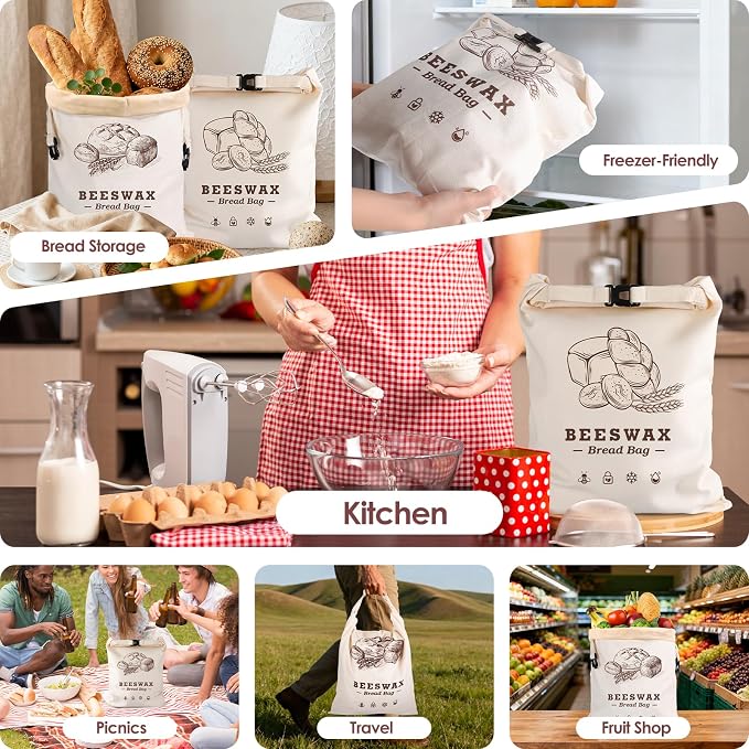 Beeswax Bread Bags，Extra Large 2 Pack- 17"×13" Reusable Sourdough Bread Bags for Homemade Bread