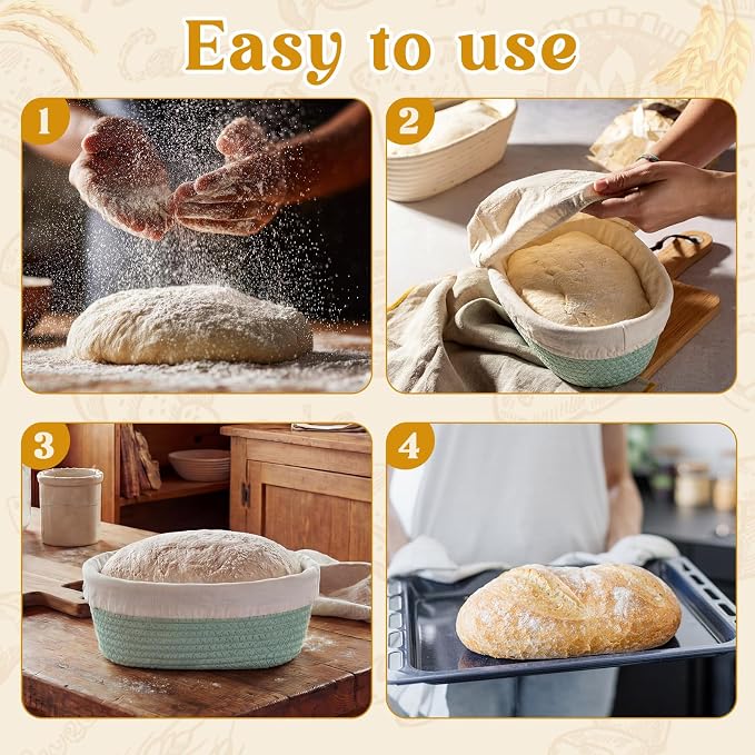 4 Pcs 10 Inch Bread Proofing Basket Set Cotton Rope Oval Banneton Basket Sourdough Bread with Liners Covers for Baking Supplies (Green)