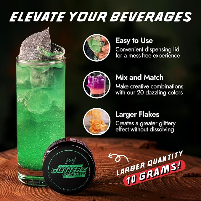 MONÉGASQUE Eden Green Edible Glitter for Drinks 10g – Edible Glitter for Cakes & Cocktails – Food Coloring Spray for Cake Decorations – Cocktail Drink Shimmer Powder – Green Sprinkles for Cake