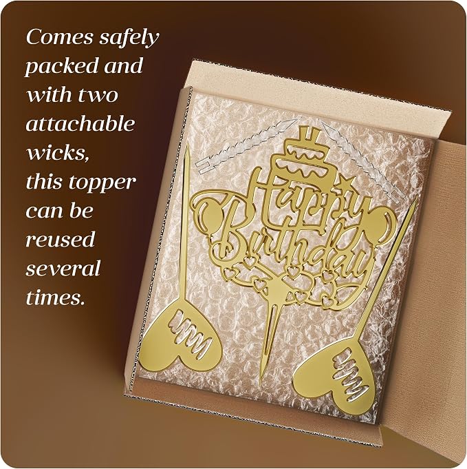 Happy Birthday Cake Candle Topper for Birthday Party Decorations, Acrylic Golden, 2 Hearts