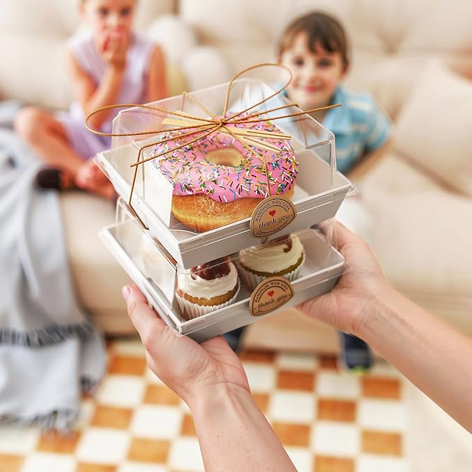 50Pcs Small Charcuterie Boxes with Clear Lids 5x5 Inch | Disposable Dessert Containers with Lids,White,Oil-Proof,Leak-proof,with Strings,100 Stickers&Forks,for Cookie Sandwich Party