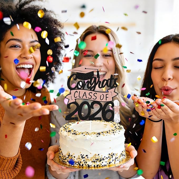 Congrats Class of 2026 Cake Topper Congrats Grad Cap Diploma Theme for High School Happy Graduation Party Supplies College Graduate Decoration (Rose Gold)