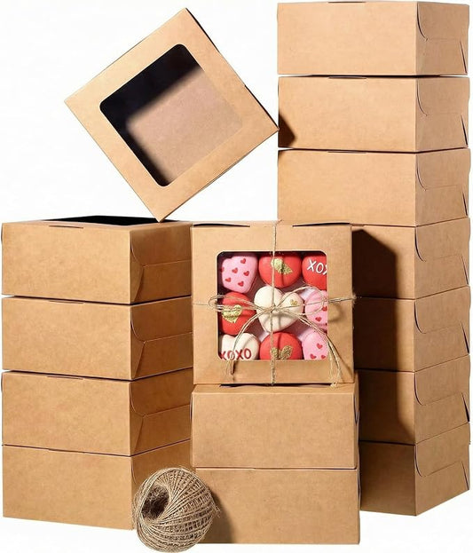 50 Pieces Bakery Box with Window Cookie Boxes Mini Kraft Boxes Gift for Pastries, Candy, Pie, Cupcakes, Soap Packaging for Homemade Soap (Brown,6.3 x 6.3 x 3 Inch)