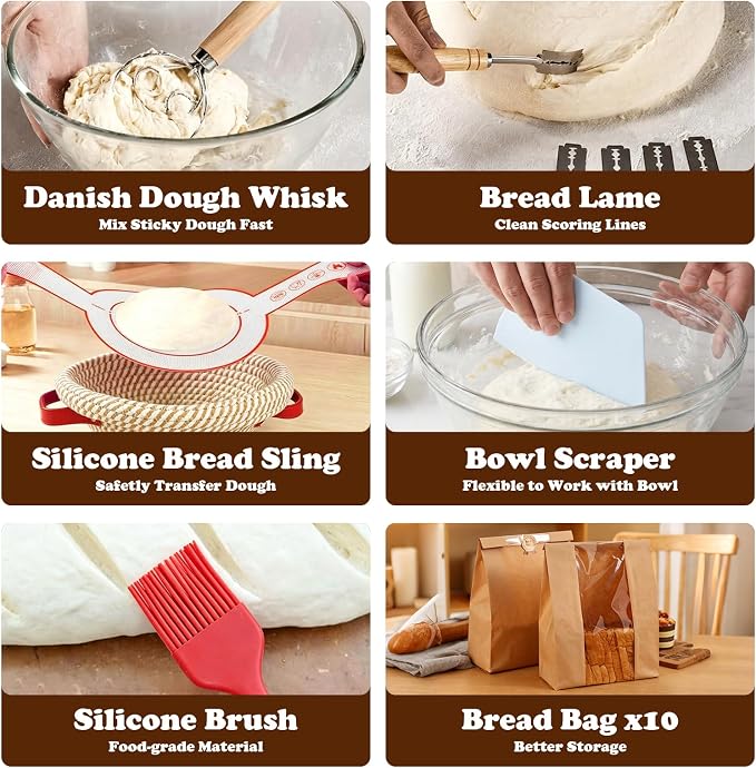 Sourdough Starter Kit, 13 PCS Bread Making Kit with 24 oz Sourdough Starter Jar, 9” Banneton Proofing Basket, Dough Whisk, Bread Lame, Thermometer, Bread Knife for Beginners and Home Bakers