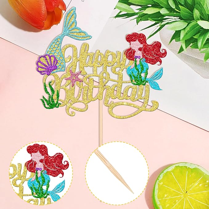 1 PCS Mermaid Happy Birthday Cake Topper - Glitter Mermaid Tail Cake Decoration with Ocean Starfish, Seawood, Seashells for Under the Sea Theme Baby Shower Birthday Party Supplies - Gold