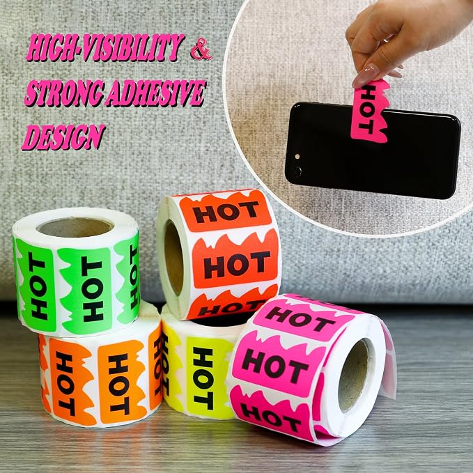 Hybsk 500pcs Rave Hot Stickers 2 x 1-1/5 Inch Fluorescent Hot Flame Fire Shape Labels Marking for Restauresent Supermarkets Stores Shops (Fluorescent Pink)